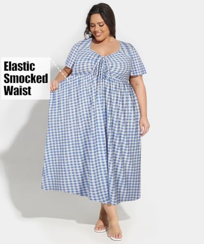 Image of CARCOS Plus Size Dresses for Curvy Women Tie Sweetheart Neck Summer Maxi Dress Short Sleeve Empire Waist Floral Boho Dress