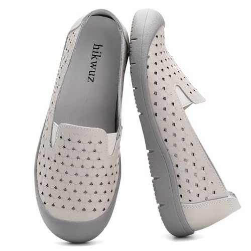 Image of Women's Summer Slip On Loafers, Breathable Perforated Hollow Cutout Flats, Comfortable Vegan Leather Walking Work Shoes for Women, Heart Floral Geometric Pattern Soft Sole Casual Summer Footwear
