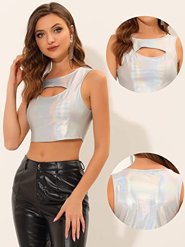Allegra K Metallic Crop Top for Women's Sleeveless Cut Out Party Clubwear Holographic Tank Tops2