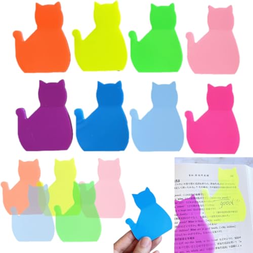 フィルム 付箋 猫 可愛い ネオンカラー 蛍光 【8色セット】 400枚 1冊50枚 カラー 透ける インデックス 透明 ふせん メモ シール 半透明 防水 (蛍光カラー 8色)
