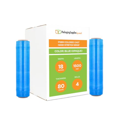 PSBM Blue Cast Stretch Wrap, 4 Pack, 18 Inch x 1500 Feet, 80 Gauge, Dark/Opaque Hand Stretch Film Rolls for Packaging Moving Packing Pallets