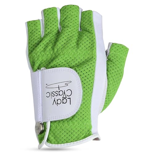 Lady Classic Women's Mesh Half Finger Golf Glove | Cabretta Leather Palm, Breathable Mesh Back, Flexible Grip, Long-Lasting with Removable Ball Marker – Left Hand/Green & White/M