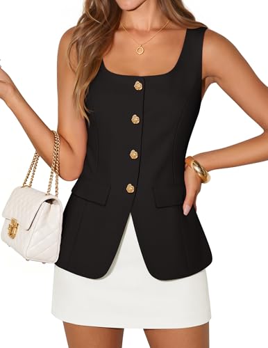 ZESICA 2026 Summer Casual Sleeveless Suit Vest for Women Square Neck Button Down Work Business Blazer Vests Waistcoat,Black,Small