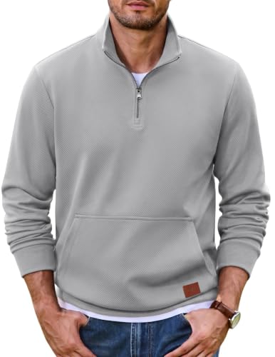 Image of COOFANDY Men's Sweatshirt Zip Neck Casual Sweater Men With Pocket Basic Without Hood Winter Long Sleeve Top Light Grey S