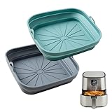 Square Silicone Air Fryer Liners, Reusable Non-Stick Basket Inserts, BPA-Free Food-Grade Silicone, Dishwasher Safe – 8.5 Inch-Blue/Grey, 2-Pac