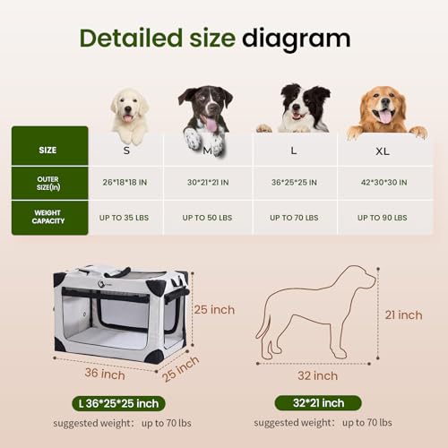 Portable Collapsible Dog Crate for Large Dogs, 4 Mesh Doors & 2 Storage Bags, Indoor Outdoor Travel Dog Kennel, Grey, 36" x 25" x 25" - Image 4