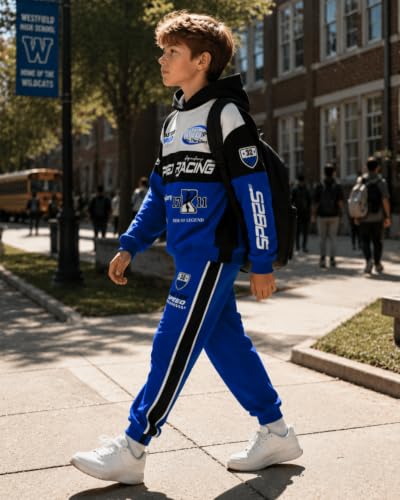 Image of Boy 2 Piece Outfits Long Sleeve Racing Hoodie Top and SweatPants Fall Winter Clothing Set Sizes 5-12 Years