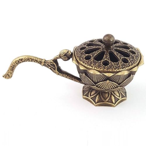 Alloy Lotus Hand Stove Incense Holder, Small Hollow Out Incense Burner Metal Censer, Incense Diffuser Frankincense Burner(Bronze)