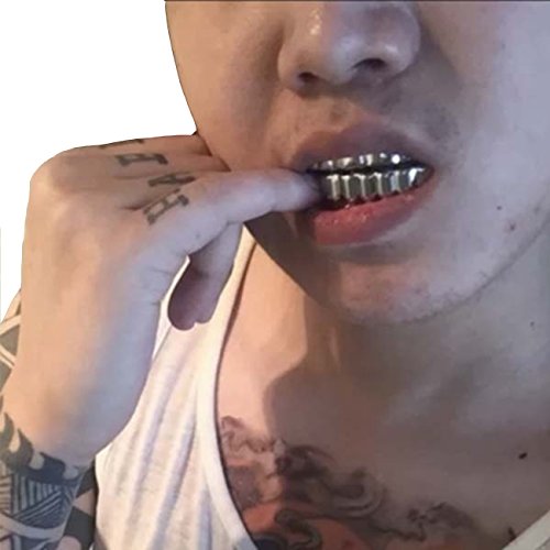 24K Gold Plated Hip Hop Teeth Grillz Punk Custom Fit Teeth Grillz Caps Top & Bottom Grill Set Removable Hip Hop Mouth Grills For Women Men Gift Halloween Party Photo Fancy Dress Accessories Silver #TOP2