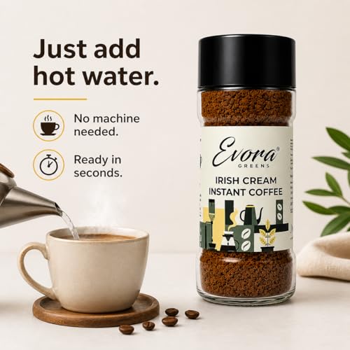 Image of Evora Greens Irish Cream Flavoured Instant Coffee | Arabica & Robusta Blend | Cafe Style Creamy Taste | Hot, Cold & Black Coffee | Makes ~50 Cups | 100g Glass Jar