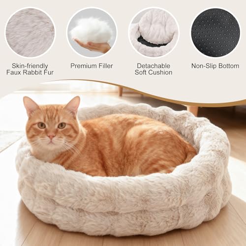 Cat Beds for Indoor Cats, Washable Round Beds for Small Dog and Cats, Soft Plush Faux Fur Removable Pet Bed for Puppy and Kitten, 20"x20"x6" - Image 5