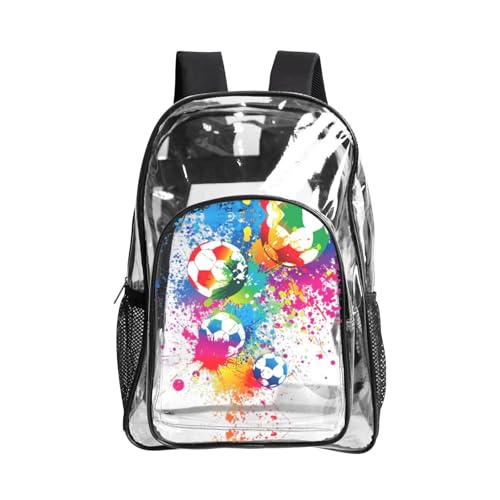 Mochila de seguridad de PVC transparente con estampado de fútbol y bolsillo lateral moderno