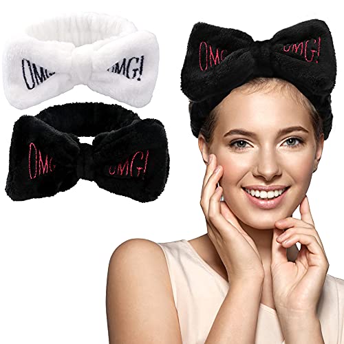 QMSILR Spa Headband Bow Hair Band Facial Makeup Adjustable Microfiber Bowtie Headband Wash Facial Spa Yoga Sports Shower Elastic Hair Band for Girls and Women 2 Pack (Black, White)