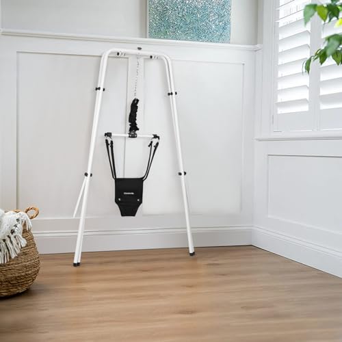 Cowiewie Baby Jumper with Stand, w/Walking Harness Function, for Infant 6-12 Months, Strong Support Stand for Small Spaces, White+Black