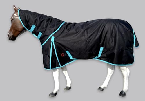 Image of Horse RAIN Sheet with Neck Cover | 1200Denier Horse Rainsheet with Hood | Horse Turnout Sheet With Neck |Horse Rainsheet Combo (Waterproof | Breathable) (Black-with-Turquoise-Trim, 84)
