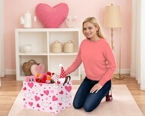 Image of Large Valentine's Day Basket Heart Shaped Storage Bin for Gifts Collapsible Organizer Room Decor (Pink Bottom Lines White Love)