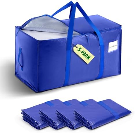 5-Pack Moving Bags with Carrying Handles and Zipper - Heavy Duty Space Saving Bags with Tag Pocket,Extra Large Storage Bags, Waterproof Totes for Clothes College move-in,Blue