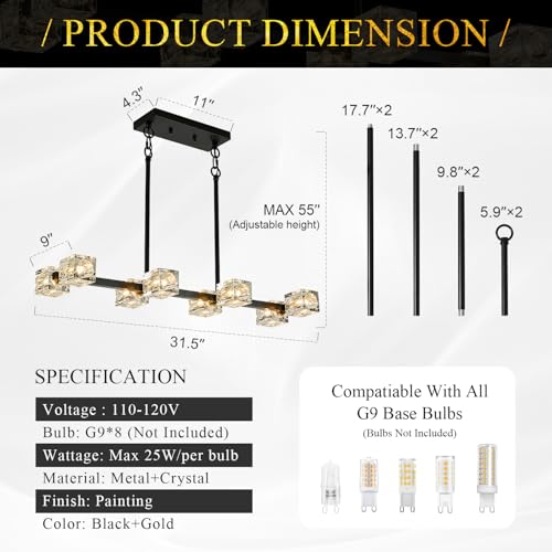 Image of Black Gold Crystal Chandelier Modern 8-Light Sputnik Ceiling Pendant Lights L 31.5 inch Industrial Adjustable Hanging Light Fixture for Dining Room Kitchen Island Living Room Bar Over Table
