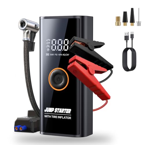 FINYQBET Auxiliar de Partida Portátil com Compressor de Ar 150 PSI, Bateria 88.8Wh Power Bank, LED e Display Digital, 4 Adaptadores de bico – Multifuncional para Carro, Moto e Bicicleta