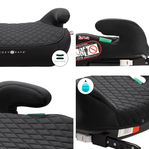 Cozy N Safe Astra i-Size 135-150cm Child Booster, 3-Point Seatbelt or ISO-Fix, Extra deep Foam-Padded seat and armrests, 135-150 cm, Approx. 6-12 Years Old, Forward-Facing, Removable Covers (Jet)