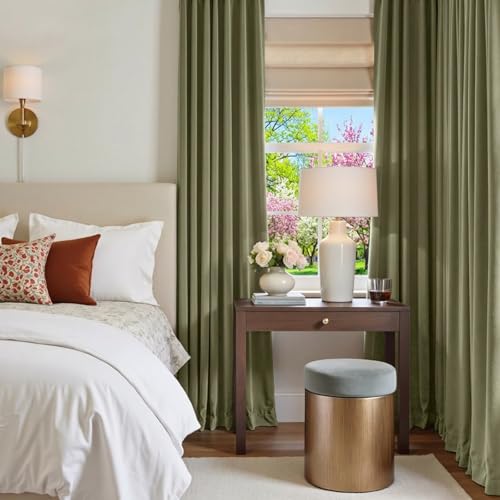 Image of Extra Long Olive Sage Velvet Curtains Grommet 52x108 Inch 2 Panels | Soft Velvet, For Tall Windows & High Ceilings, Light Shifting Texture, Elegant Drape, Serene, Fresh