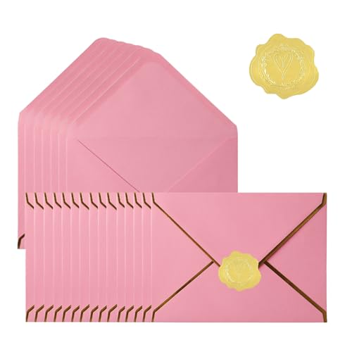 50 Pack 5x7 Envelopes with Gold Border, Pink A7 Envelopes V Flap Envelopes for Invitation, Wedding, Graduation, Birthday Party, Chritsmas, Baby Shower