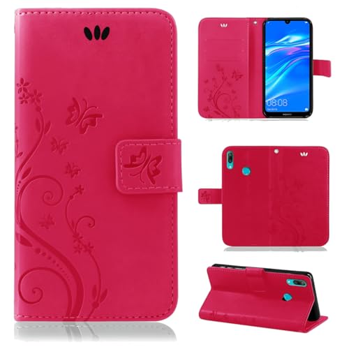 betterfon Hülle Kompatibel mit Huawei Y7 (2019) | Premium PU Leder Handyhülle Wallet Hülle für Y7 (2019) | Schutzhülle Blumen Klapphülle Handyhülle | Pink