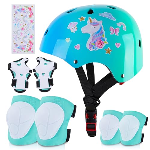 MHJY Kids Helmet and Pads Set Girls Bike Helmet with DIY Unicorn Stickers Age 3-5-8 Years Kids Protective Gear Knee and Elbow Pads Adjustable for Cycling Skateboard Scooter Skating Scooter