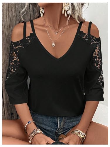 MakeMeChic Women's Guipure Lace V Neck Tee Shirts Cut Out Cold Shoulder 3/4 Sleeve Tops4