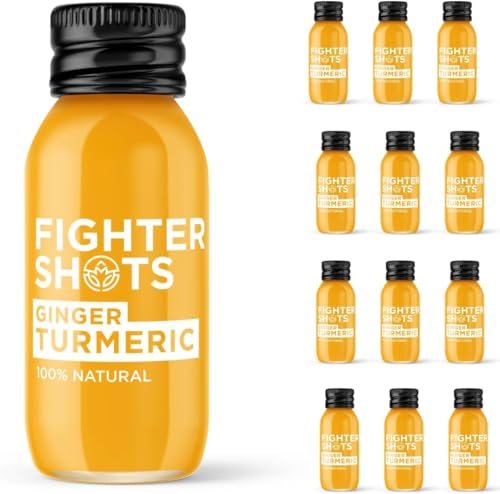 Fighter Shots Ginger Award Winning Fresh & Fiery Cold Pressed Ginger Shots for Immune Support & Energy Boost - 100% Natural Perfect Pick Me Up - Ginger and Turmeric 12 Pack