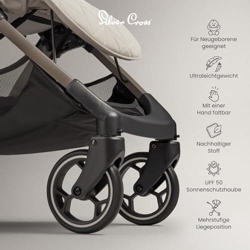 Image of Silver Cross Clic 2024 Airline Approved Cabin Size Travel Stroller /Pram|Foldable & Lightweight |Pull Along Trolly Style|for Newborns, Baby Boy and Girl 0-4yrs Upto 22kgs|Car Seat Compatible - Almond