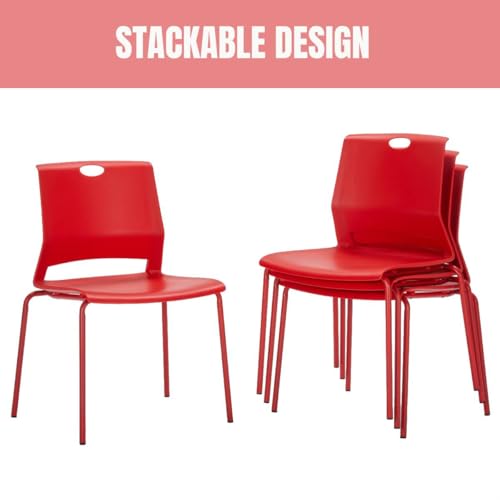 Image of Stackable Chairs Set of 4, Office Waiting Room Chair Plastic Seat, Red Stacking Chairs with Sturdy Metal Legs, Guest Chair for Conference Rooms, Churches, Living Rooms, Classrooms(Red).