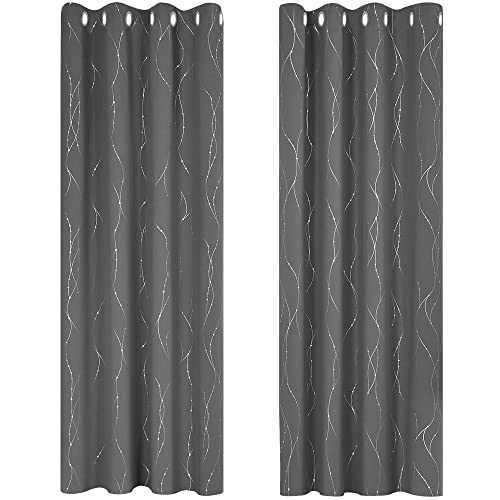 Deconovo Lot de 2 Rideau à Oeillets Thermique Anti Froids Isolation Occultant Rideaux Salon Enfant Gris Clair Motifs Argents 140x175cm
