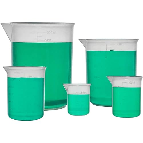 Karter Scientific Juego de vasos de precipitados, 5 tamaños, 1.7 fl oz, 3.4 fl oz, 8.5 fl oz, 16.9 fl oz, 33.8 fl oz, capacidad de plástico