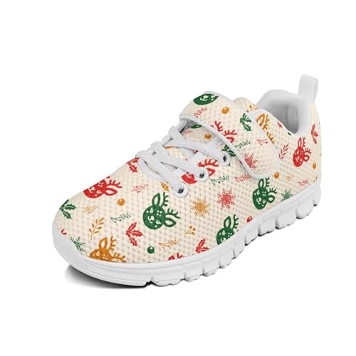 Christmas Deer Pattern Kids Tennis Shoes Breathable Running Shoes Walking Shoes Fashion Sneakers for Boys and Girls（White Sole）