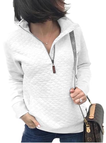 Barlver Womens Fashion Quarter Zip Stand Collar Sweatshirts Long Sleeve Plain Casual Ladies Pullovers Shirts Tops White XL