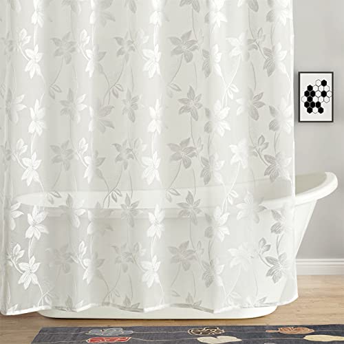 Estmy Vintage Boho White Sheer Shower Curtain With Attached Pompom Valance Set For Bathroom, Shabby Chic French Cottage Elegant Cute Floral Embroidery Lace Shower Curtain With Hooks Bathroom Decor #TOP2