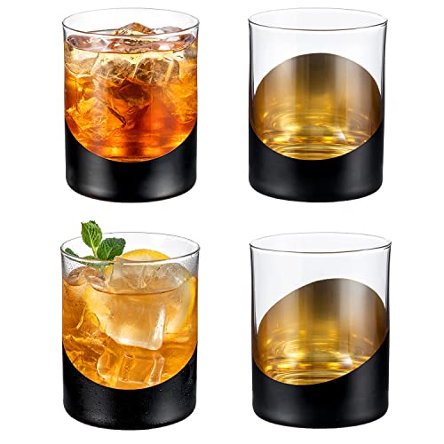 MyGift 12 oz Set of 4 Matte Black Drinking Glasses with Metallic Gold Tone Interior Finish, Double Old Fashioned Cocktail Whiskey Rocks Wine Glass
