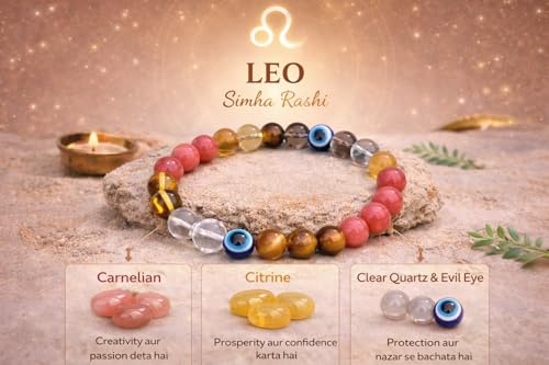 Image of Leo (Simha) Crystal Bracelet for Men & Women | Sunstone Tiger Eye Citrine Quartz Evil Eye | Zodiac Healing Bracelet for Confidence Success Protection Wealth Energy