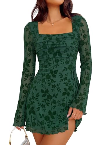 Image of Caracilia Womens Sexy Mesh Ruched Mini Dresses Long Sleeve Square Neck Tie Fall Club Party Cocktail Short Dress 2026 Fashion