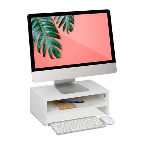 Relaxdays Monitorständer mit Fach, Bildschirmerhöhung für Schreibtisch, HBT: 14 x 40 x 23,5 cm, Bildschirmpodest, weiß