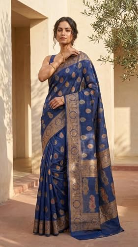 Heyam blue banarasi silk saree in tussar silk – image 2