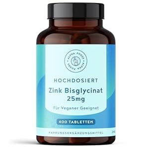 Zink 25mg – 400 Tabletten (1+ Jahr) – Hochdosiert Zink-Bisglycinat – Hohe bioverfügbares Zinc – vegan, laborgeprüft, ohne unnötige Zusätze, in Deutschland produziert – Alpha Foods