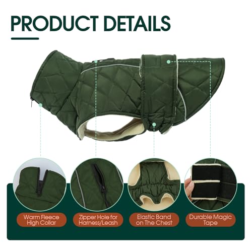 Kuoser Hundejacke Hundemantel für Mittelgroße Große Hunde, Winterjacke Hund Wasserdicht Warm, Verstellbarer Hundemantel mit Fleece und Reißverschluss-Leinenöffnung, L Grün