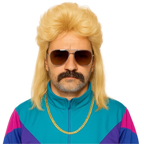 Vokuhila Assi Perücke – Retro Accessoire für Herren, 80er & 90er Kostüm, Neon Outfit, Fasching & Karneval (Blonde)