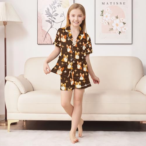 senya Celestial Corgi Cute Satin Summer Pajama Sets Silk Short Sleeve Button Down Sleepwear4