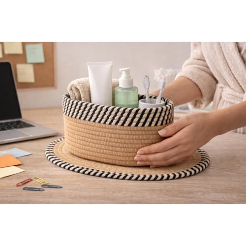 Image of Remote Stand for Table | Cotton Rope Storage Basket for Makeup Organisers, Coffee Table Organiser & Remote Holder for Living Room | Eco-Friendly Dual-Tone Organizer with Mat (ZEB-Black & Beige)