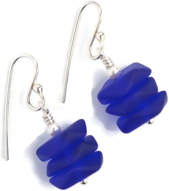 Miniatura 9 de Olas del océano azul marino plata de ley pendientes colgantes de cristal de mar real oscuro azul cobalto perla moderna joyería de playa para mujeres