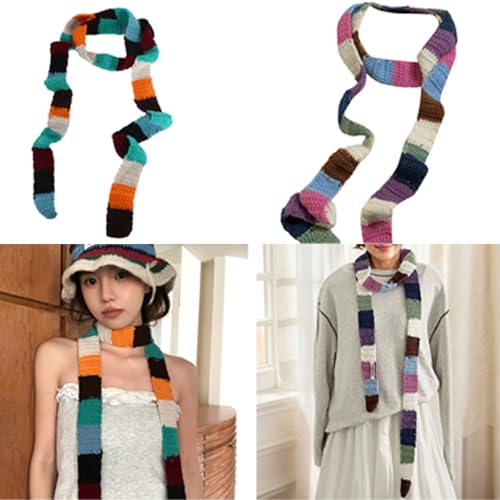 Contrast Color Striped Scarf Aesthetic Knitted Narrow Women's Scarves Decoration Neck Warmer Long Skinny Neckerchief2