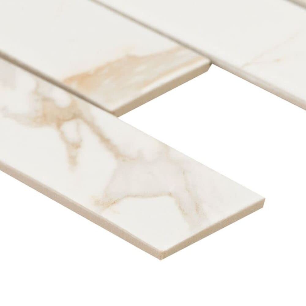 Tenedos 2x6 White and Gold Brownish Calacatta Vintage Look Matte Porcelain Mosaic Wall Tile for Bathroom Walls, Kitchen Backsplashes, Artistic Insets, Accent Wall (1 Sheet)